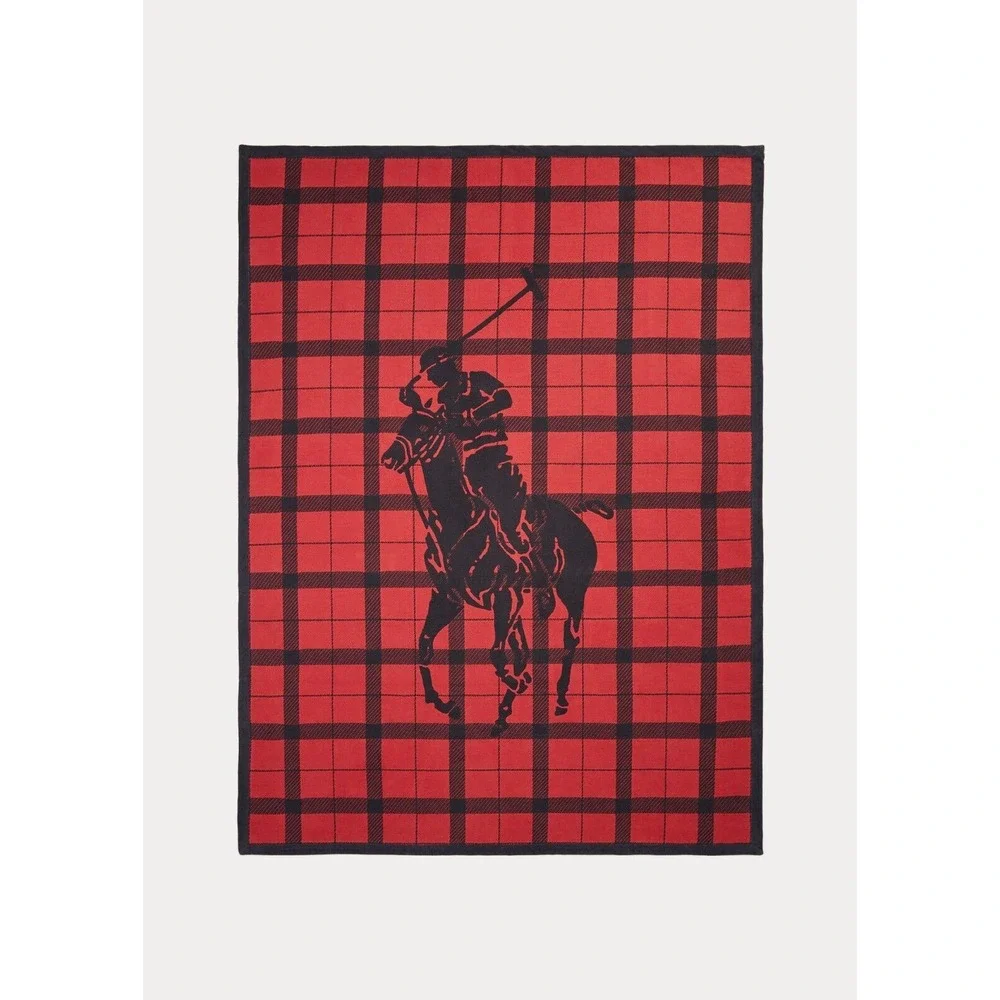 Polo Ralph Lauren‎ Home Oakwood Cotton Throw Red Black Blanket Big Pony 50 X 70